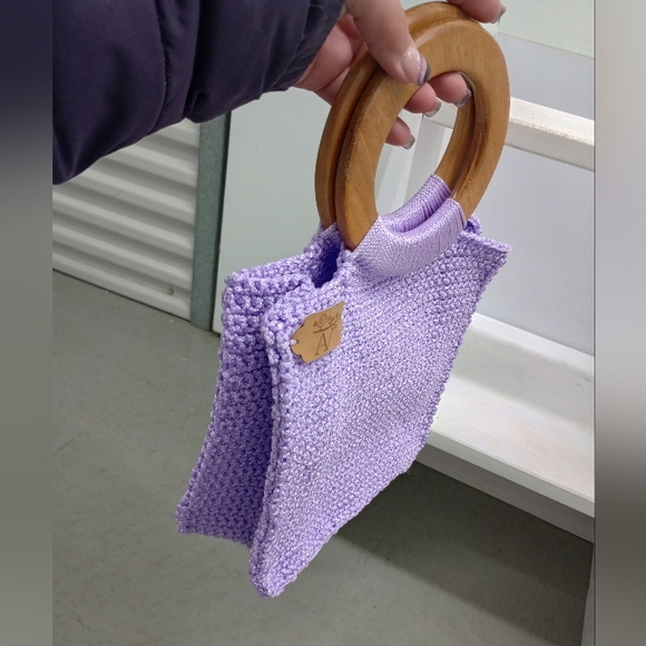 Lavender Knit Handbag with Wooden Handles - Picture 11 of 12